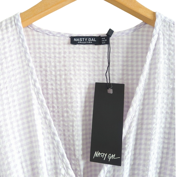 NASTY GAL Gingham Print Tiered Smocked Ruffle Hem Mini Dress in Lavender Size 2 - Picture 6 of 13